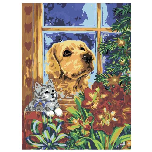 Котенок и пес у елки Раскраска по номерам на холсте Живопись по номерам северный пес раскраска картина по номерам на холсте