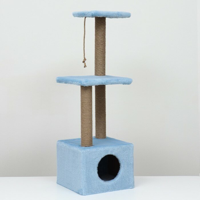 Домик для кошек с когтеточкой, с двумя полками, джут, 37 х 37 х 111 см, голубой - фотография № 1