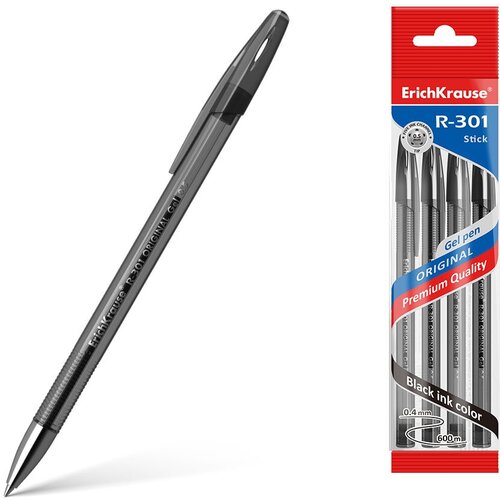 Ручка гелевая ErichKrause® R-301 Original Gel Stick 0.5, цвет чернил черный (в пакете по 4 шт.)