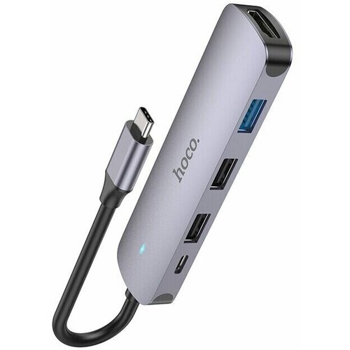 Хаб Hoco HB27 Type-C 5в1 (USB-C + 2 x USB2.0 + USB3.0 + HDMI), серый