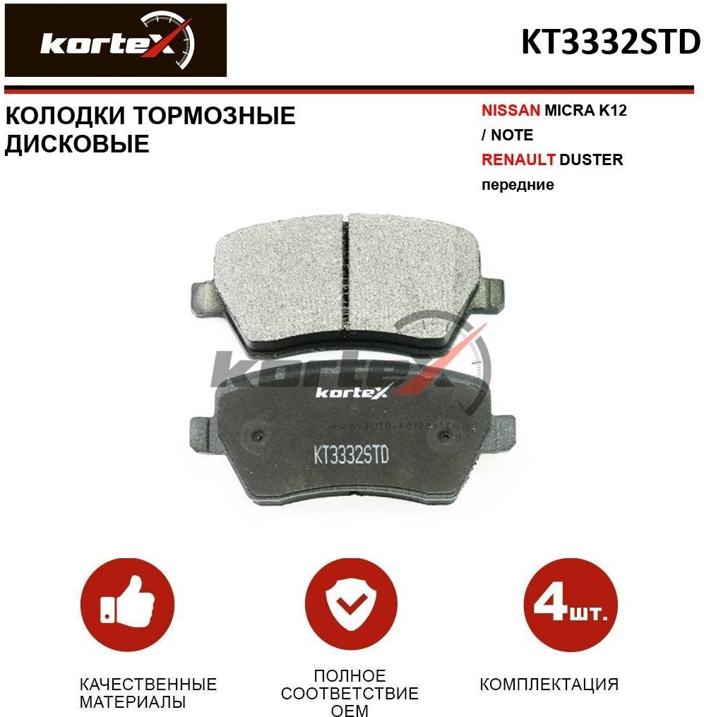 Колодки тормозные Kortex для Nissan Micra K12 / Note / Renault Duster перед. к-т OEM 0986424795, 2204850, 222258, 2397301, 410608481R, 41060AX625, 4363