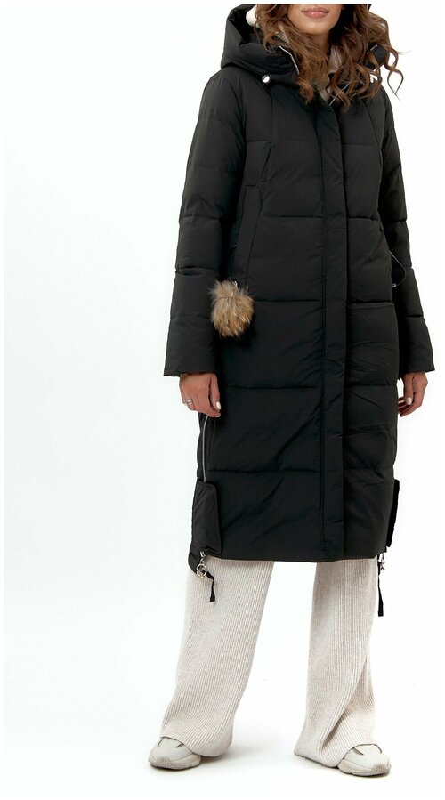 Пальто-халат  зимнее, силуэт прямой, удлиненное, размер 44, черный
