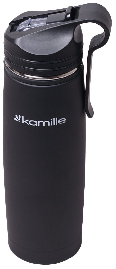 Термос-Бутылка спортивная 500 мл. Kamille KM-2058 из нержавеющей стали с трубочкой и клипсой (2058 / черный)