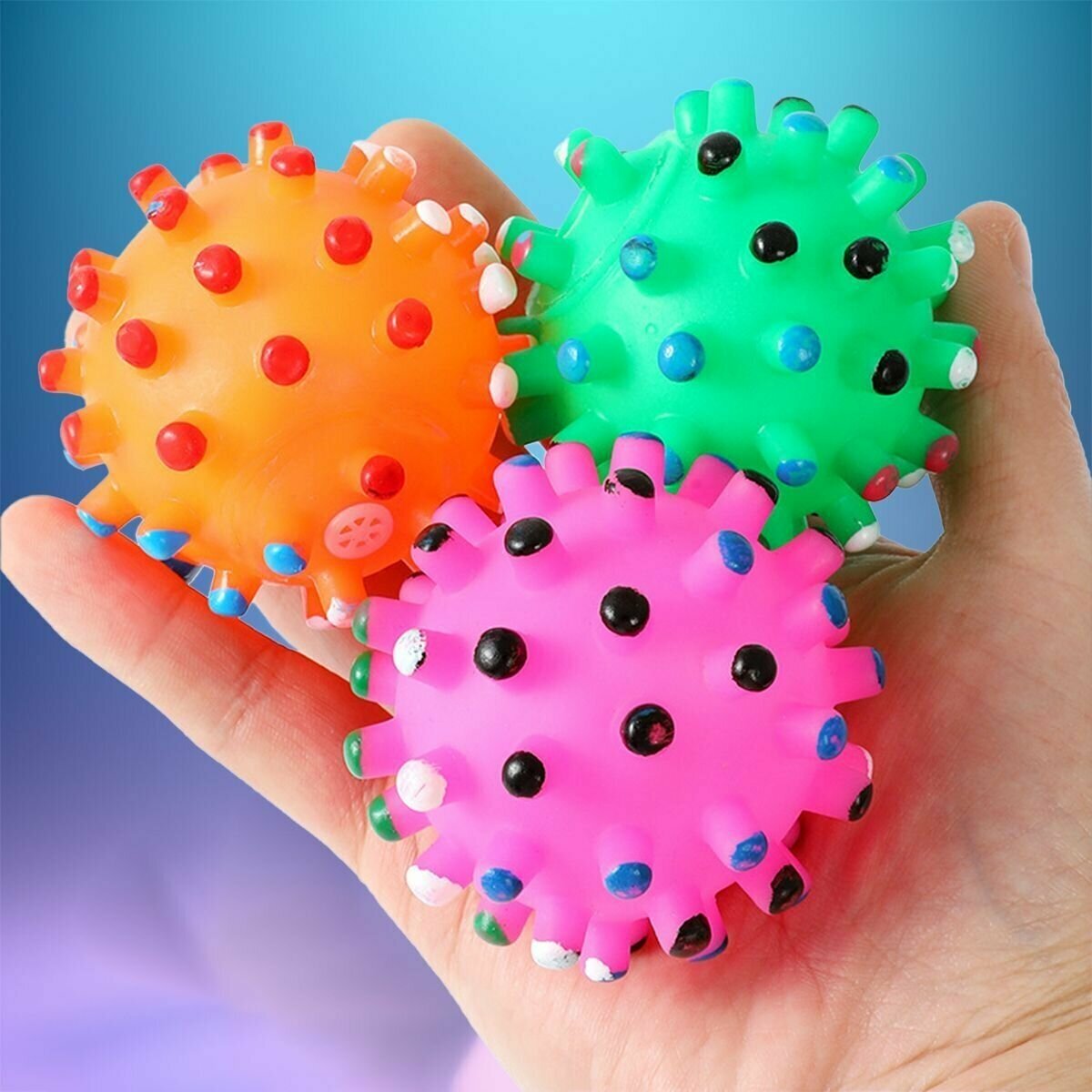 Интерактивная игрушка мяч-мина с шипами (бактерия) для собак оранжевая - фотография № 3