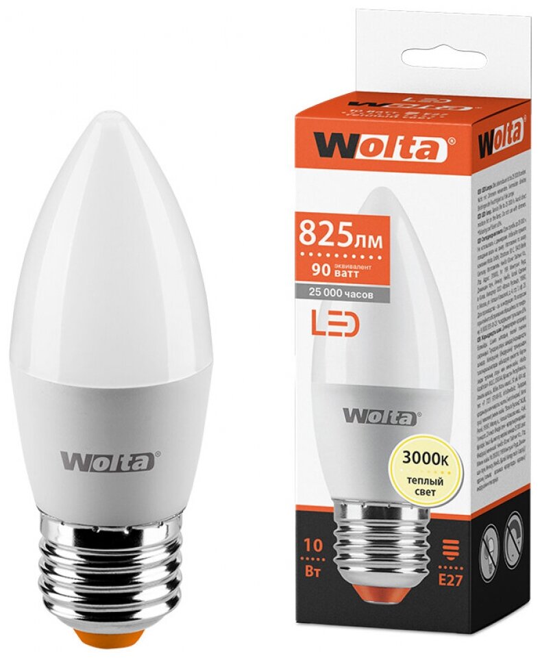 Wolta лампа св/д свеча C37 E27 10W(825lm) 3000K 2K 112X37 25YC10E27