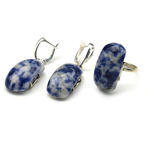 Комплект бижутерии Радуга Камня: кольцо, серьги, лазурит, размер кольца 19, синий, белый