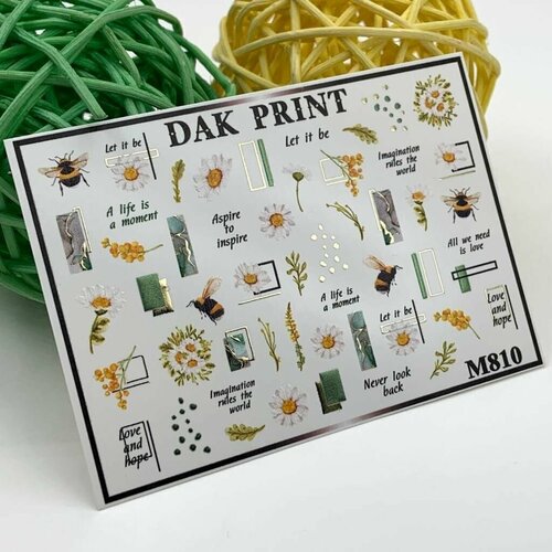 Металлизированные cлайдеры для маникюра (водные наклейки) для дизайна ногтей Ромашка и шмель