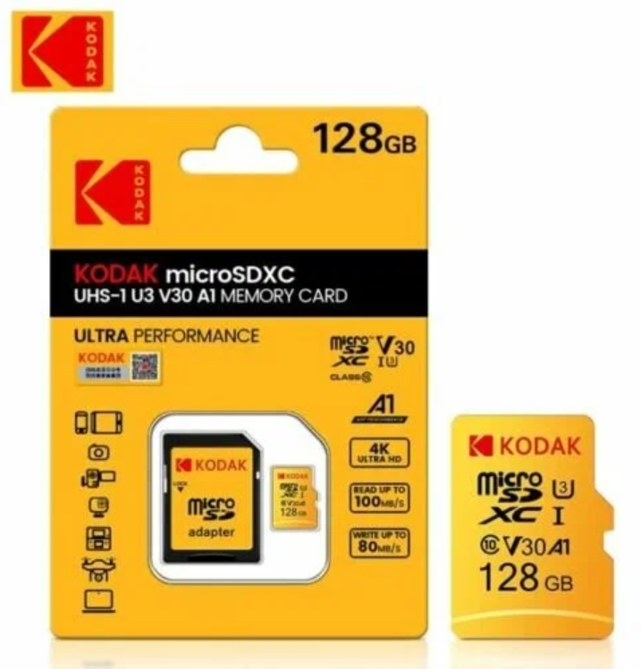 Карта памяти MicroSD Kodak 128GB класс 10 UHS-1 V30 U3 A1 4K Ultra Performance