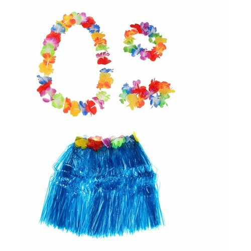 Гавайская юбка синяя 40 см, ожерелье лея 96 см, венок, 2 браслета (набор)