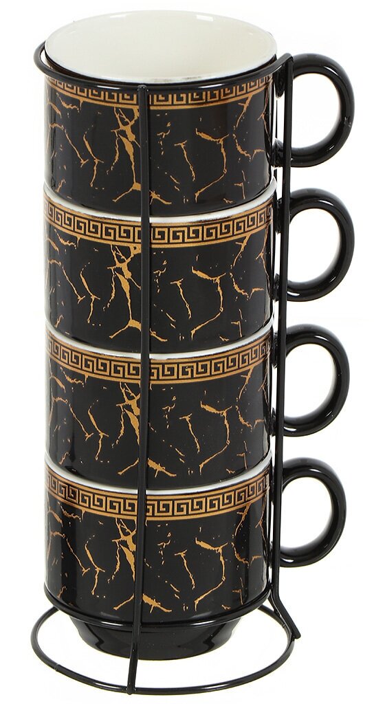 фото Кружка керамика, 4 шт, Греческий узор, с подставкой, подарочная упаковка, Y4-5346, черная
