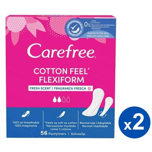 Carefree Ежедневные прокладки Cotton Feel Flexiform свежий аромат, 2 капли, 56 шт в уп, 2 уп (112 шт)