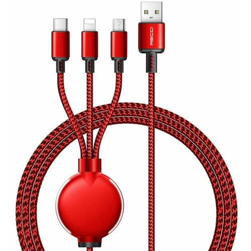 Кабель для зарядки телефона Recci RTC-T09 Shadow USB to Type-C+Lightning+Micro-USB, 1.2 метра, 3.5A, красный кабель для зарядки телефона recci rtc t02 tube usb to type c lightning micro usb 1 2 метра 3а красный