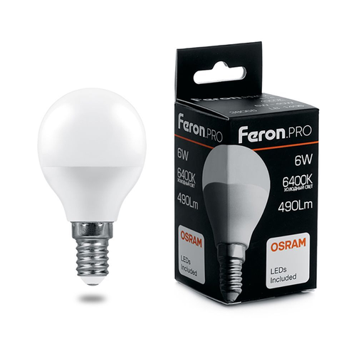 Лампа светодиодная LED 6вт Е14 дневной матовый шар Feron.PRO | код 38067 | FERON (10шт.в упак.)