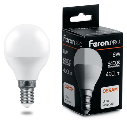 Лампа светодиодная LED 6вт Е14 дневной матовый шар Feron.PRO | код 38067 | FERON (10шт. в упак.)