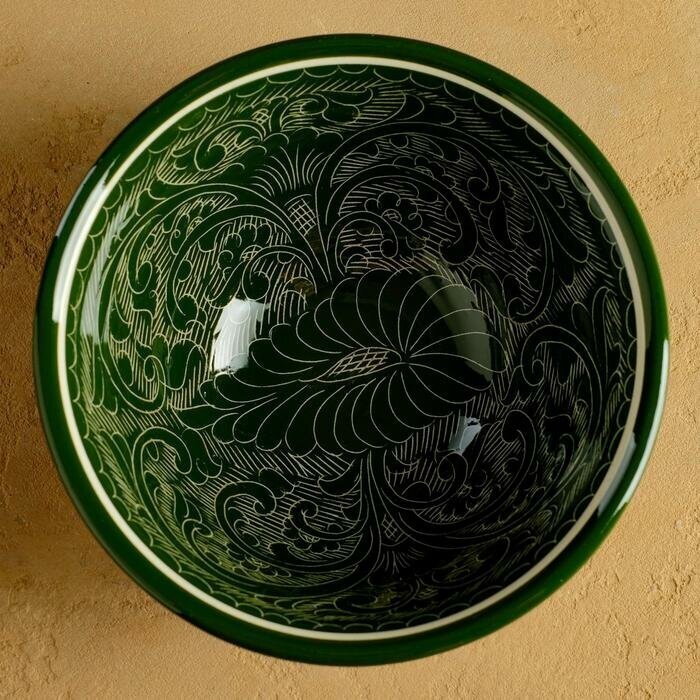 Супница Шафран Коса, "Риштанская Керамик", большая, D 18 см, зеленая