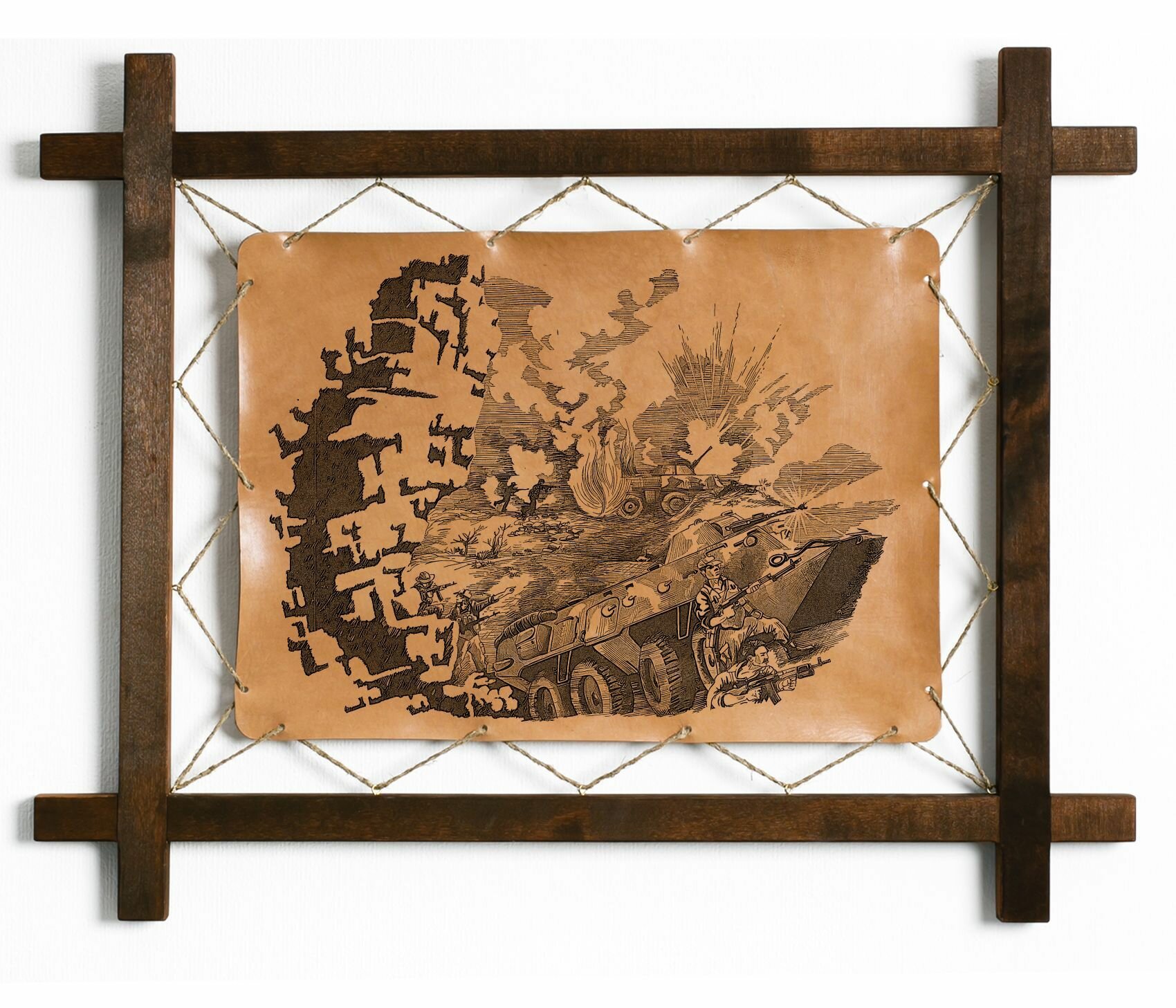 Картина "В атаку!", интерьерная для украшения и декора на стену в деревянной раме, подарок, натуральная кожа, BoomGift