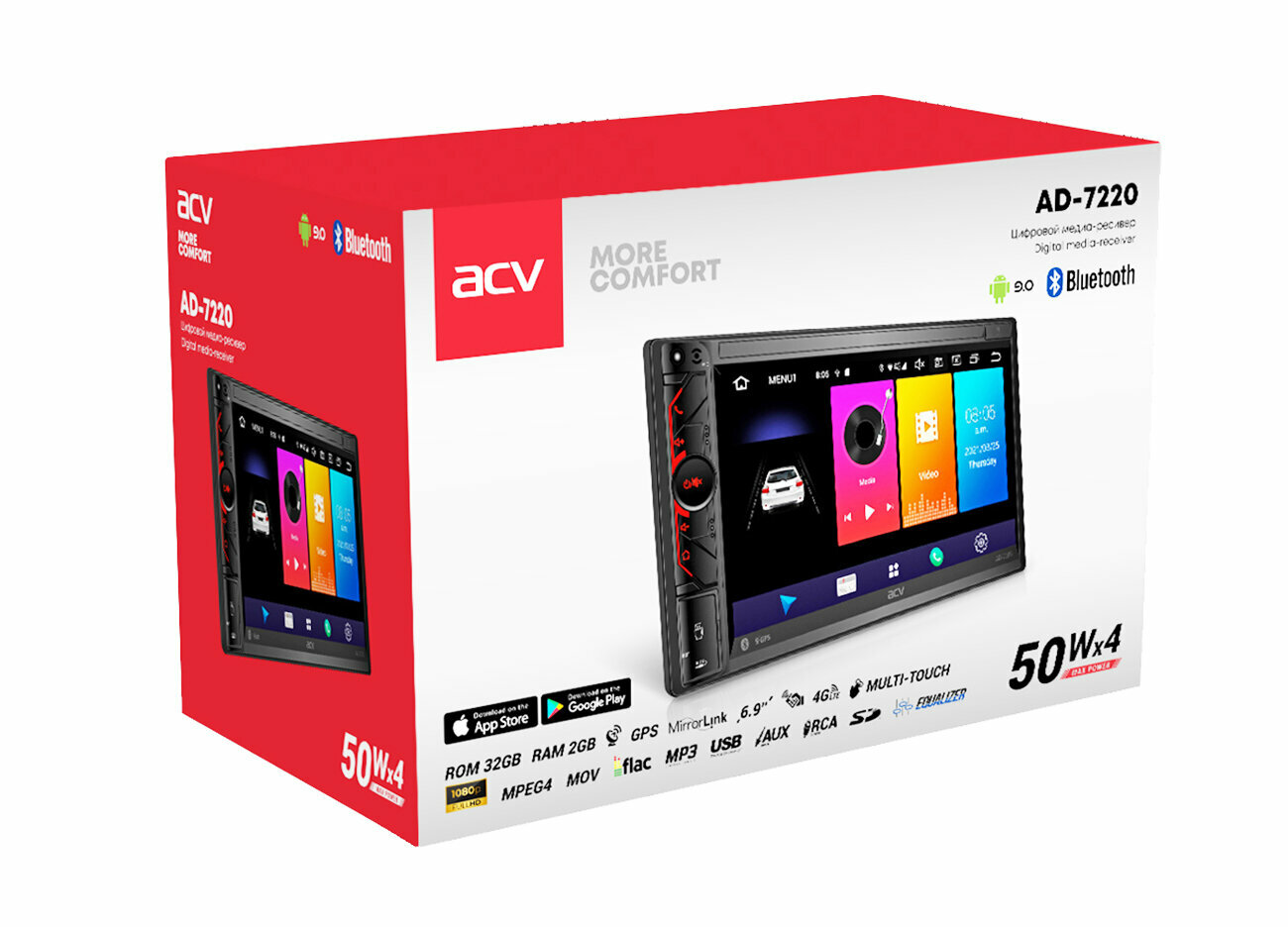 Автомагнитола ACV AD-7220 2DIN 4x50Вт v4.2 2000Mb Android 9 6.9" WiFi 4G 2 ПДУ RDS (37984)