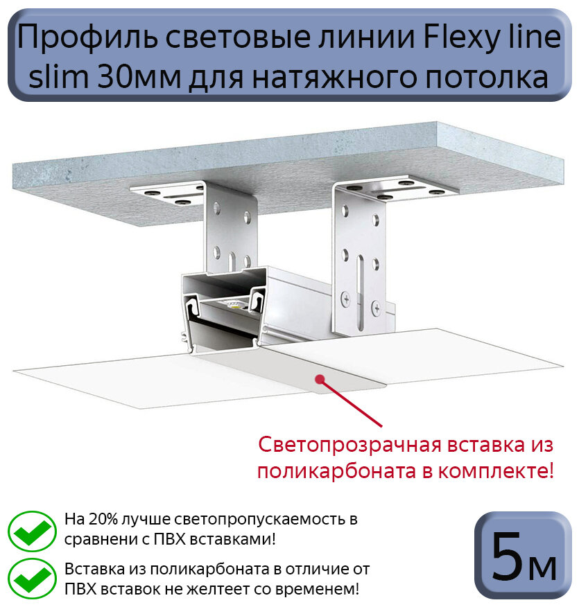 Профиль световые линии Flexy Line slim 30мм для натяжного потолка, вставка ПК в комплекте, 5м (5шт*1м)