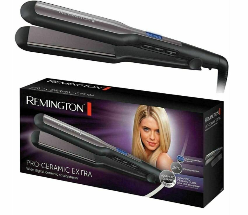 Выпрямитель для волос Remington Pro -Ceramic Extra S5525, широкие пластины, ЖК-дисплей, 110 x 45 мм, 150 C - 230 C, фиксатор пластин, чехол