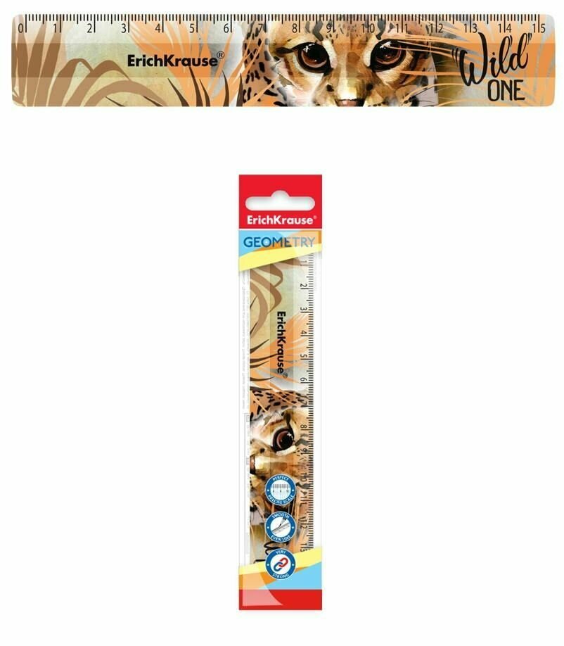 Линейка пластиковая ErichKrause Wild Cat,15см, во флоупаке