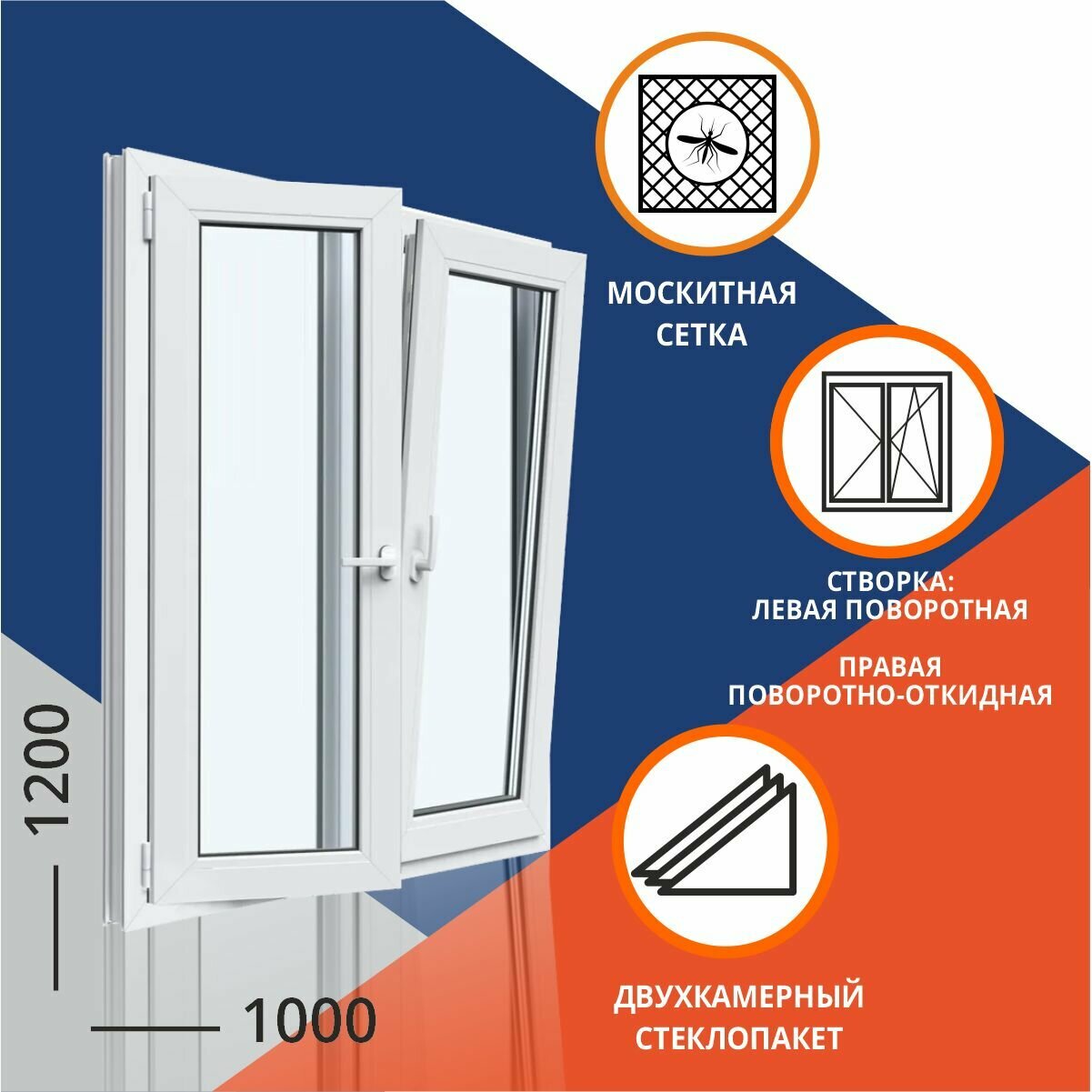 фото Окно двухкаменое 1000x1200 мм двухстворчатое: левая поворотная, правая поворотно откидная с москитной сеткой GRAZIO