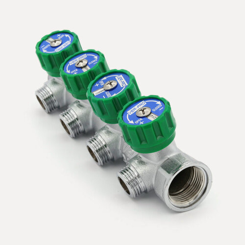 Изображение товара Коллектор 3/4"х1/2"НР - 4 выхода плоский с регулировочными вентилями для водоснабжения хром VER404-A