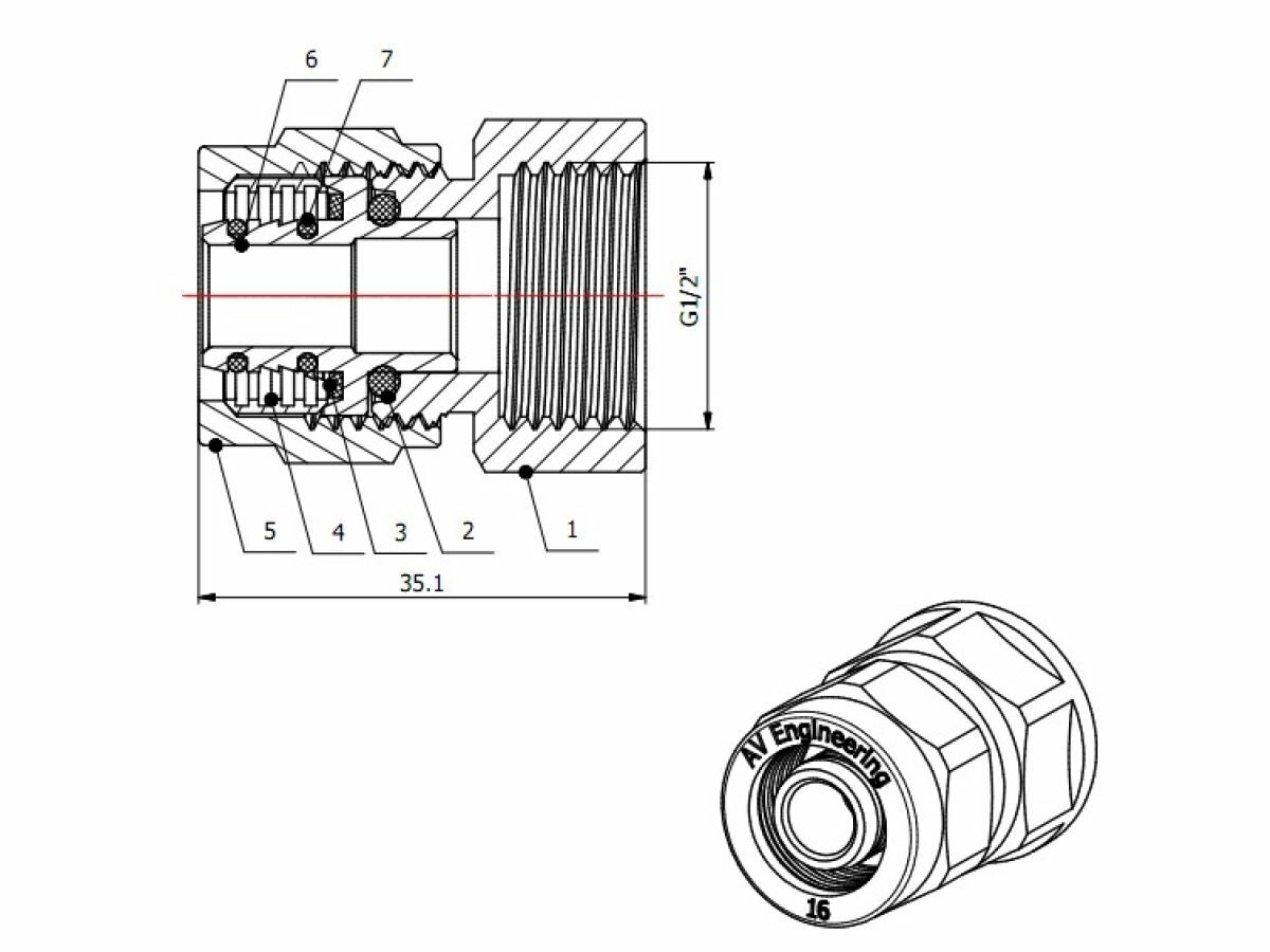 Латунная муфта для труб PEX AV Engineering 16 мм x 1/2 дюйма (AVE309003) — фото 1