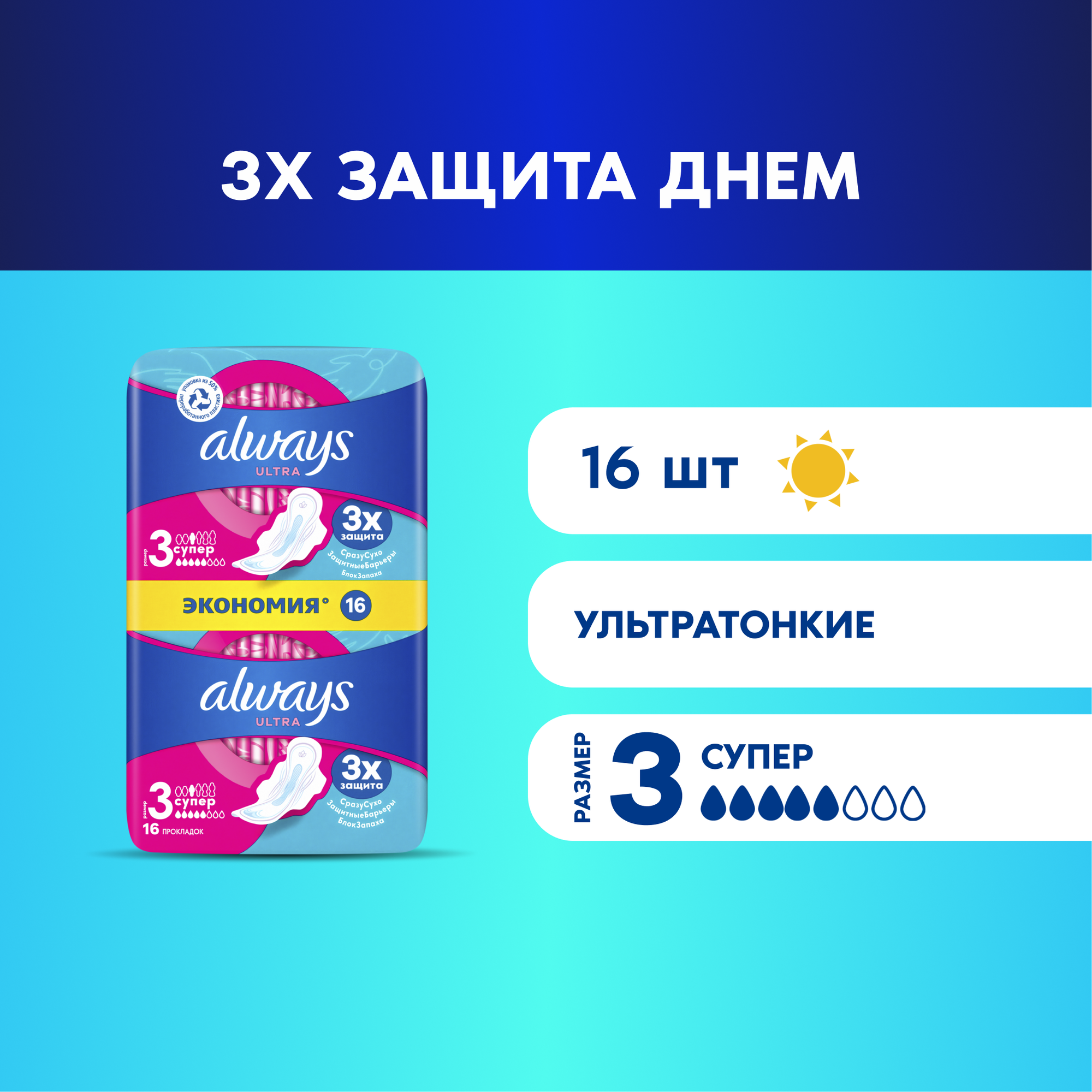Прокладки Always Ultra Super, женские гигиенические, с крылышками, 16 шт