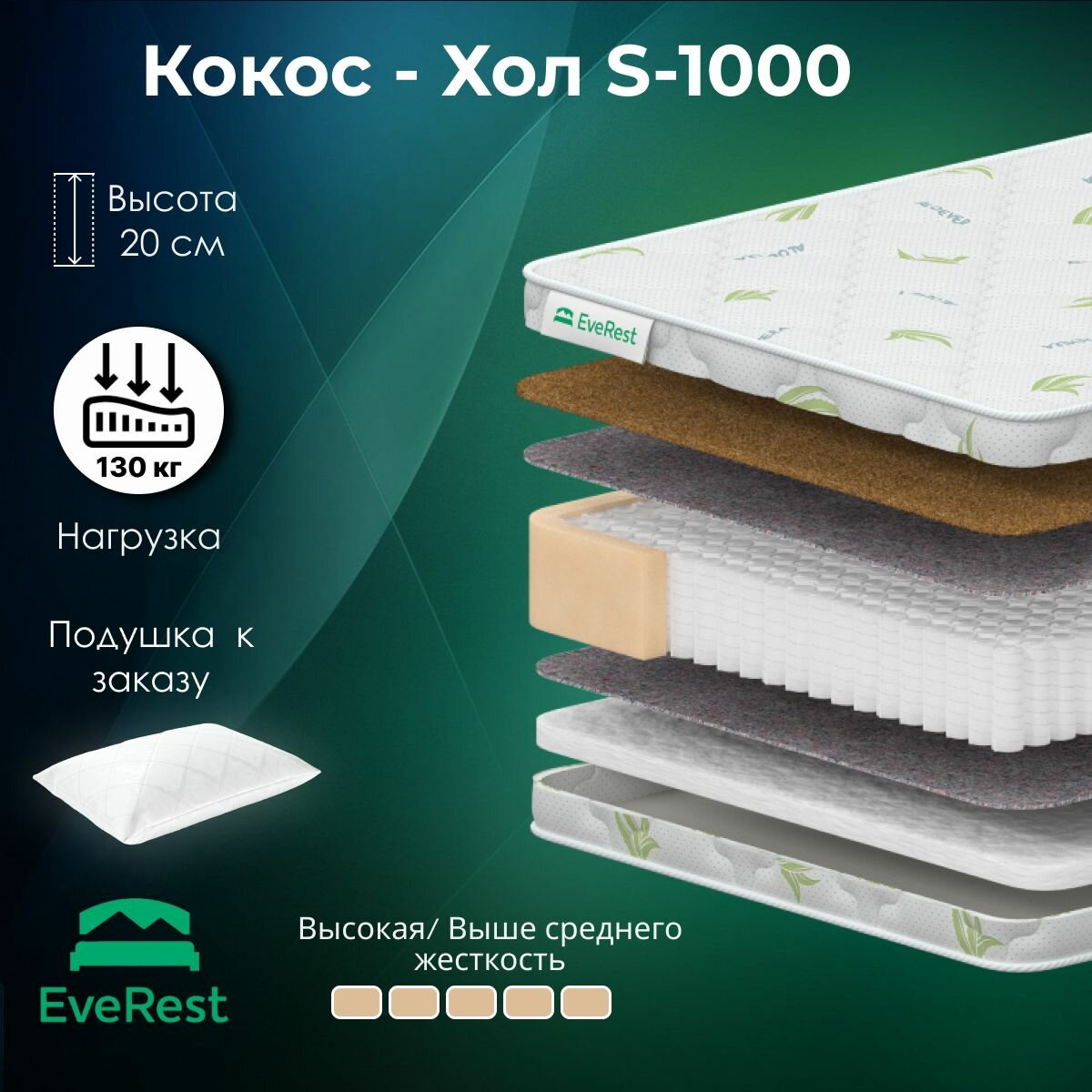 Матрас Everest Кокос-Хол S-1000, 90x185, высота 20 см, независимые пружины, чехол Aloe Vera