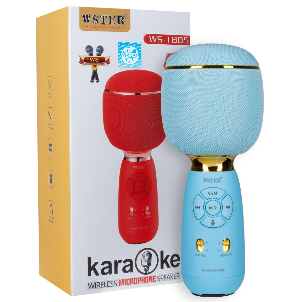 Оригинальный караоке-микрофон WSTER WS-1885 с колонкой, Bluetooth, FM-радио, голубой