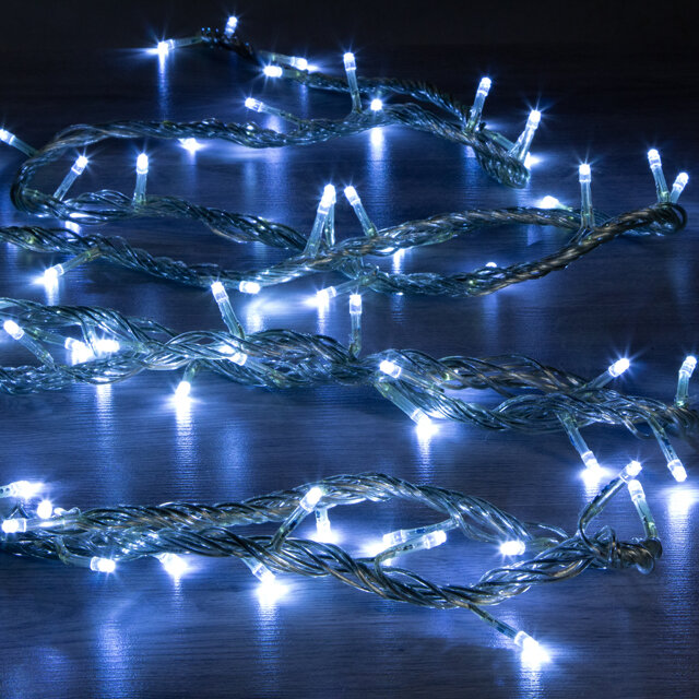 Светодиодная гирлянда 200 холодных белых LED ламп 10 м прозрачный ПВХ соединяемая контроллер IP44