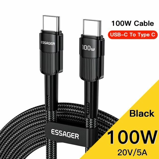 Провод зарядки Essager 100w Type-C. Для быстрой зарядки Ноутбука, Macbook, Samsung, Xiaomi, Huawei, iPhone 16 Pro 1 метр
