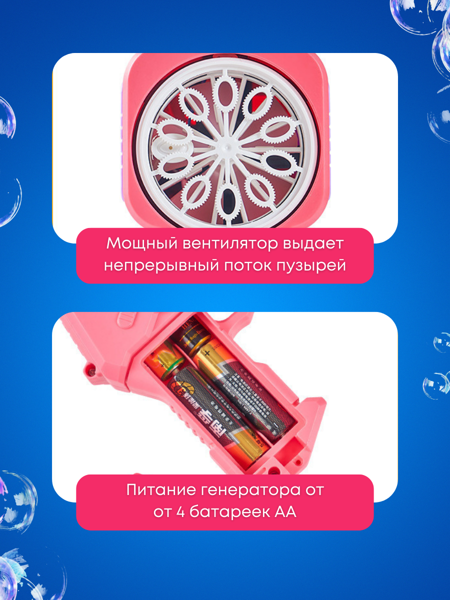 Генератор мыльных пузырей с подсветкой Bubble, пистолет розовый, без батареек в комплекте — фото 1
