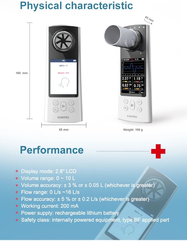 Изображение CONTEC SP80B/70B Спирометр Ручной цифровой пиковый расходомер Bluetooth-тестер для функции объема легких Цветной экран, 70B