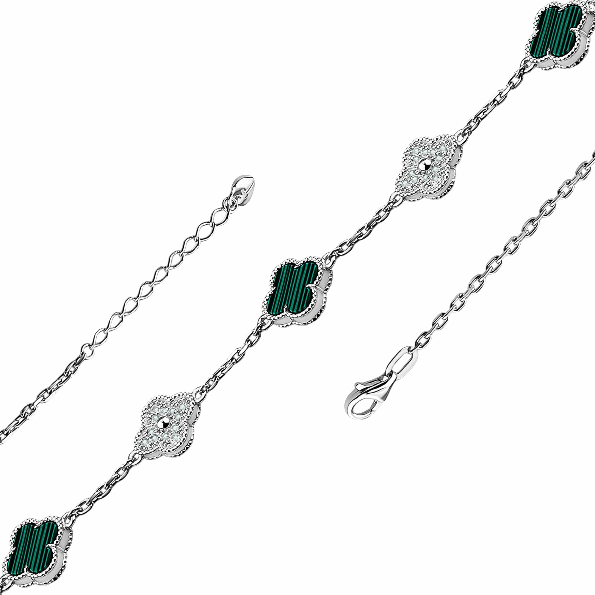 Браслет Diamant online, серебро, 925 проба, родирование, малахит, фианит, длина 21 см., зелeный