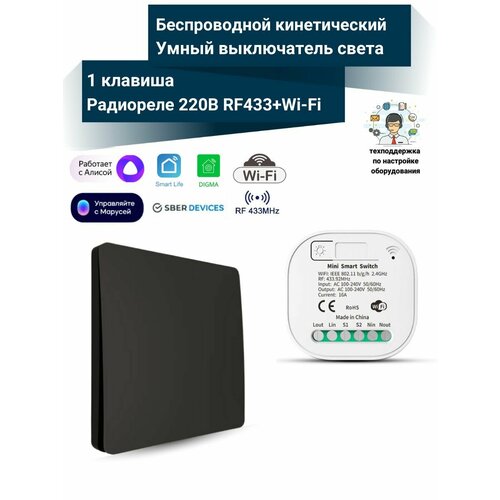 Беспроводной WiFi кинетический выключатель света черный 1 клавиша умное реле RF433WiFi 2100₽