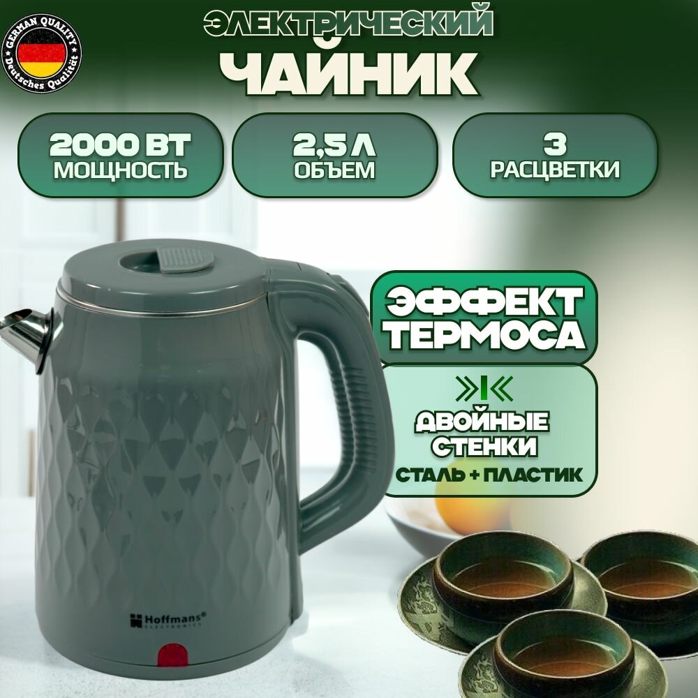Электрический чайник Hoffmans серый  2.5л мощность 2000Вт