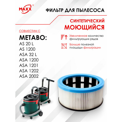 Складчатый фильтр синтетический, моющийся для пылесоса Metabo AS 20 L, 1200 / Metabo ASA 32 L, 1200, 1201, 1202, 2002