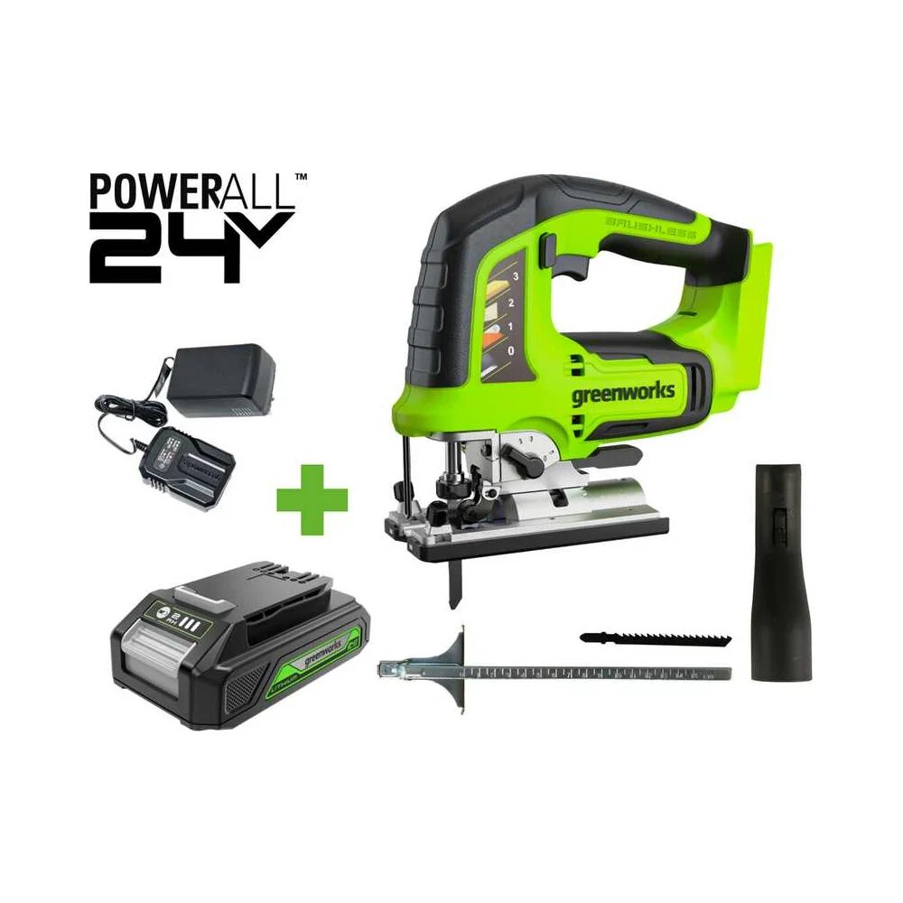 Лобзик GreenWorks GD24JS 24V б/щет 100мм 800-3000/мин 4-ст. маятник алюмниевая подошва LED 1x2Ач ЗУ коробка 3601407VUA