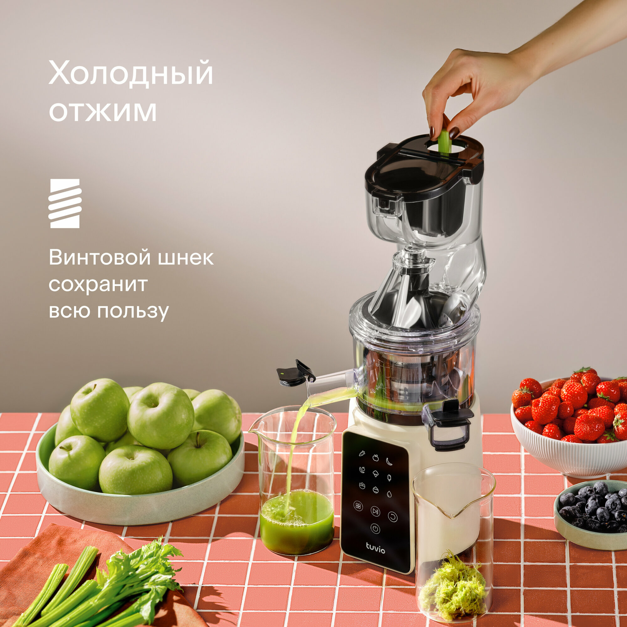 Шнековая соковыжималка с кухонным комбайном Tuvio TJ05PD, бежевая — фото 1