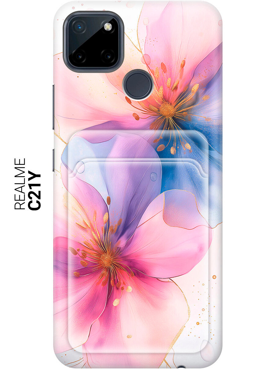 Силиконовый чехол на Realme C21Y с принтом "Магические цветочки" с карманом для карты