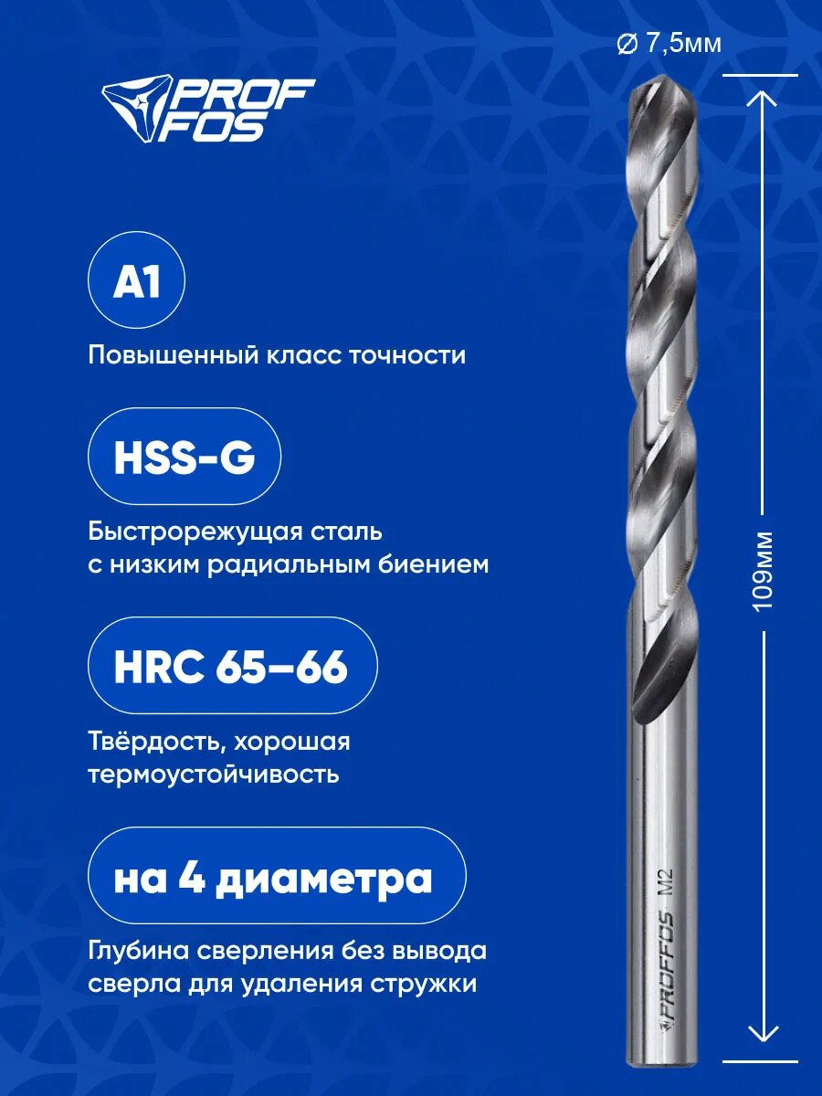 Сверло по металлу 7 5 мм  HSS-G DIN338  Indastrial  10шт