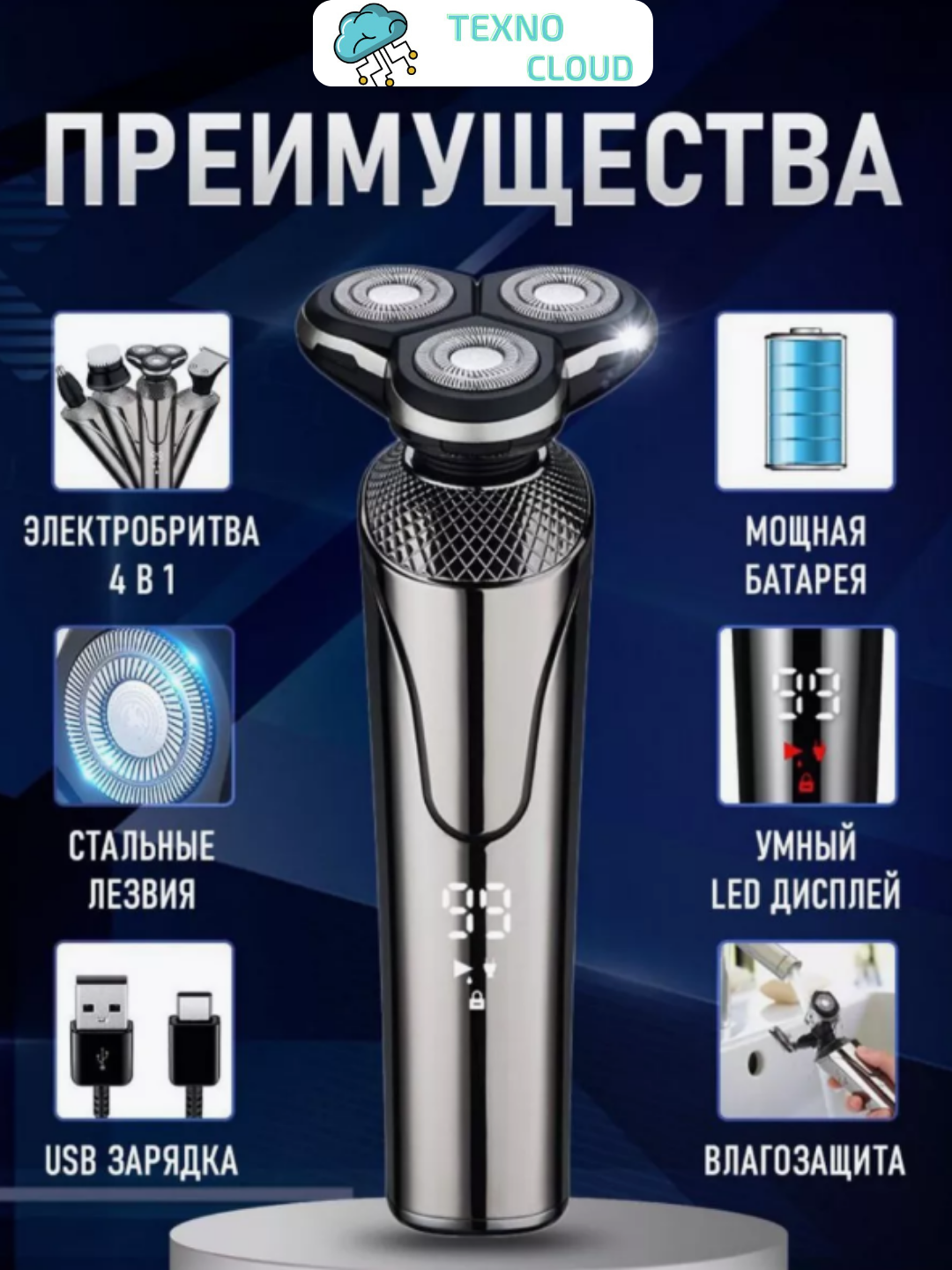 Электробритва 4 в 1 с LED-дисплеем и влагозащитой GEEMY 7761 — фото 1