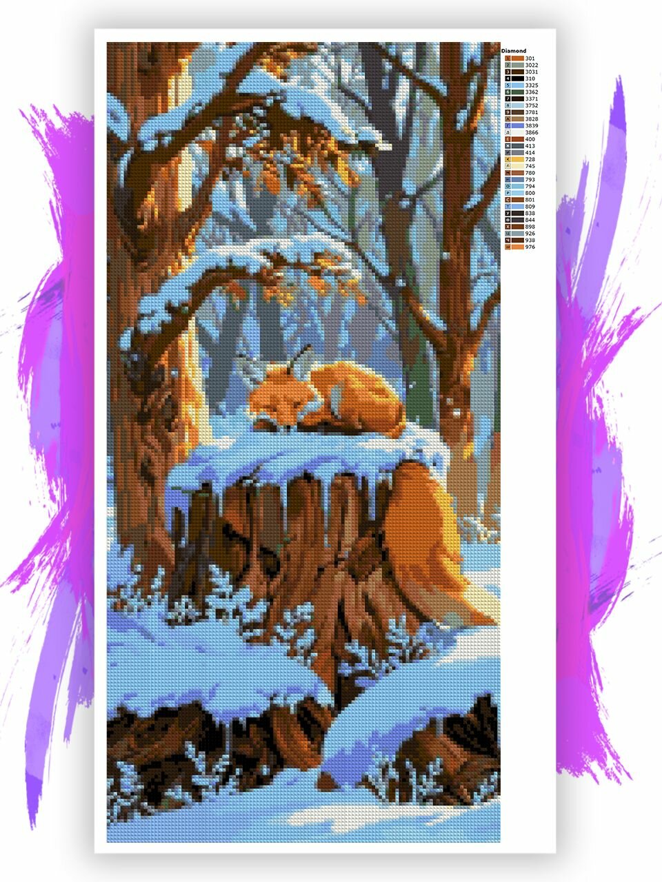 Алмазная мозаика без подрамника - вышивка Зимняя лиса 30 х 60 см