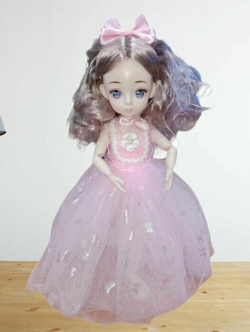 Кукла шарнирная в розовом платье и розовым бантом (29см)