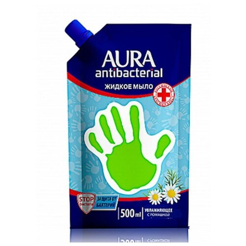 Мыло жидкое 500мл AURA антибактериальный эффект, ромашка, дой-пак/12/ 952-094 aura мыло жидкое с антибактериальным эффектом ромашка деликатное 300 мл