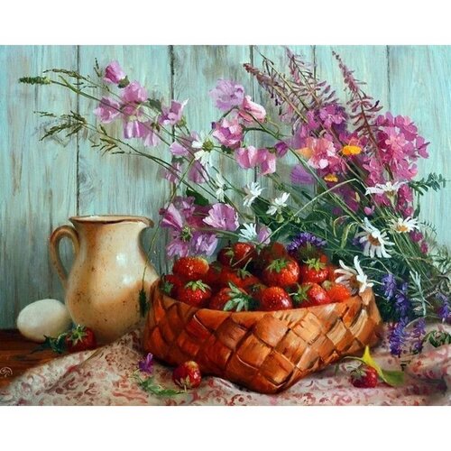 фото Корзина с клубникой и цветами 40х50 kolibriki