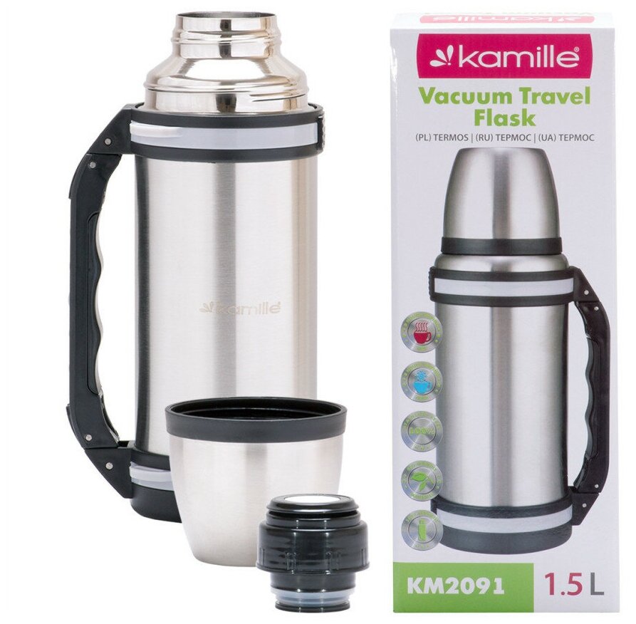 Термос Kamille 1500ml. из нержавеющей стали с ручкой и ремешком