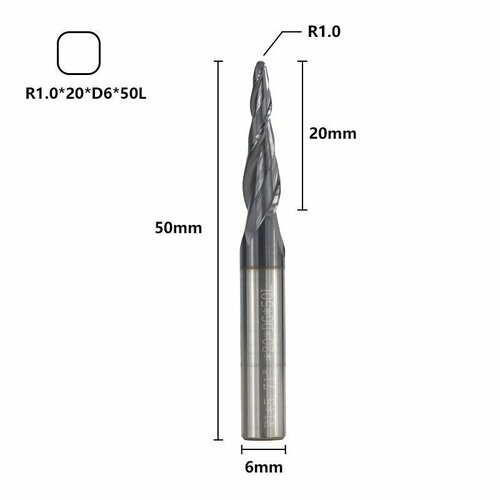 Фреза спиральная двухзаходная сферическая XCAN 6xR1,0х20х50 мм, покрытие TiALN концевая фреза xcan с шариковым носом фреза из карбида вольфрама с 2 канавками хвостовик 4 6 мм 1 шт