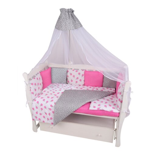 фото Комплект в кроватку 19 предметов (7+12 подушек-бортиков) amarobaby sweet (малиновый/белый, бязь)